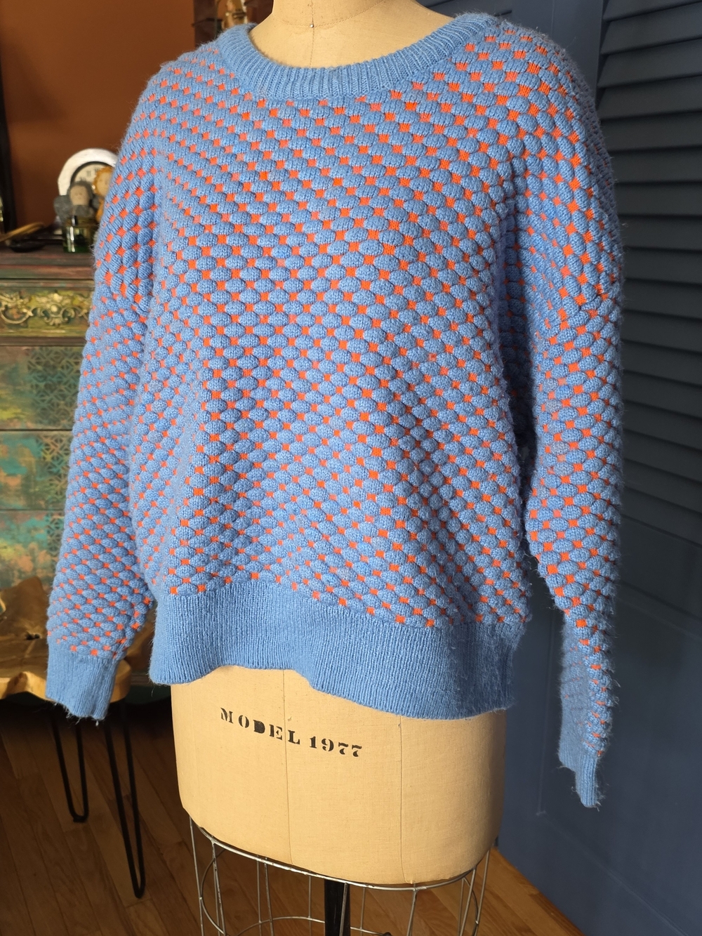 H&M Blue and Coral Textured Knit Sweater